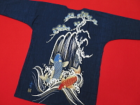 義若オリジナルの鯉口シャツ・ダボシャツ 藍調バックプリント　鯉の滝のぼり